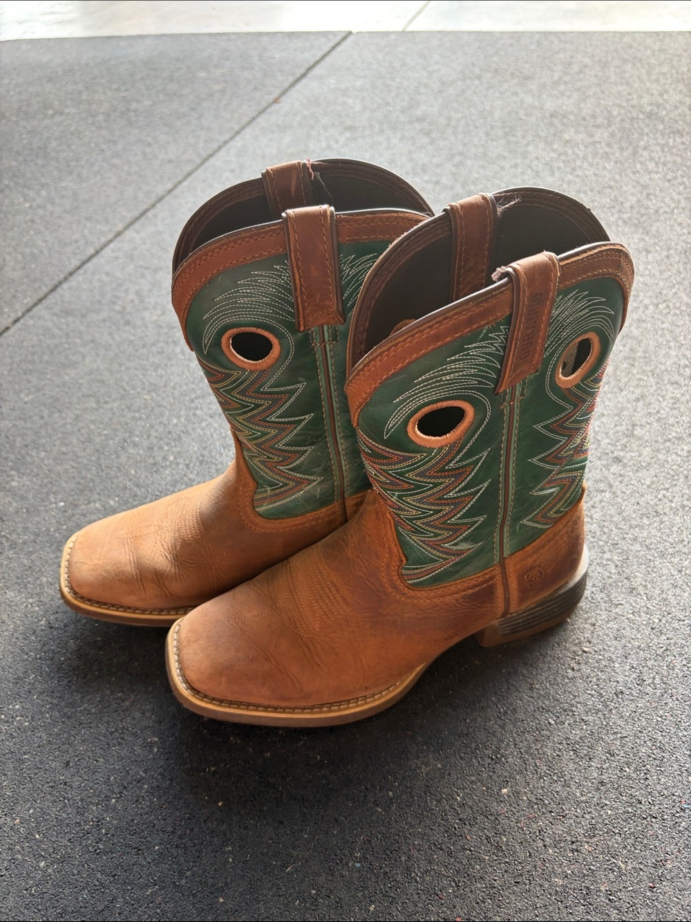 Durango Kids Brown Leather Western Pull-On Boots with Green Shaft